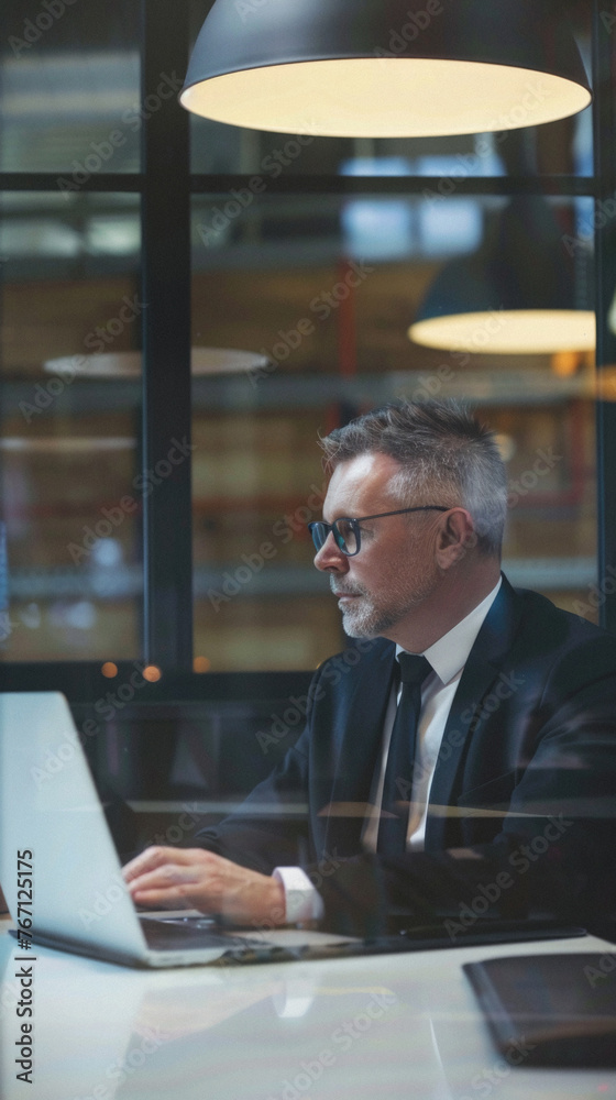 Middle aged business man executive financial investor sitting at desk using laptop. Busy professional businessman ceo manager working on computer corporate technology in modern office. Portrait. Middle aged business man executive financial investor sitting at desk using laptop. Busy professional businessman ceo manager working on computer corporate technology in modern office. Portrait.