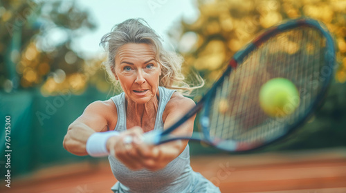 Portrait of active middle aged woman playing tennis © Simon