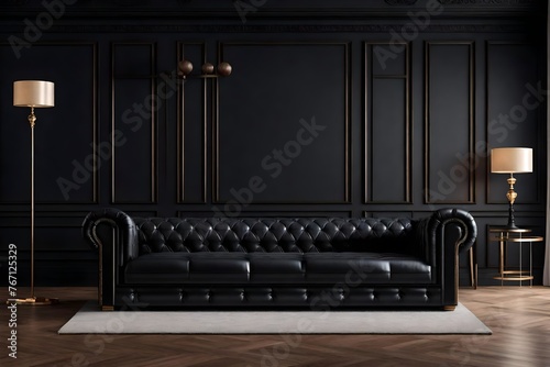 Modern classic black interior with brown leather sofa, floor lamp, carpet, wood floor © saadulhaq