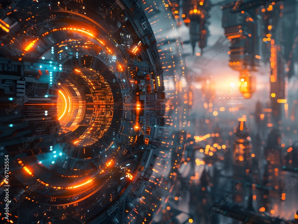 Obraz premium Futuristic science fiction scene showcasing a technological corridor with glowing orange lights and intricate circuitry patterns.