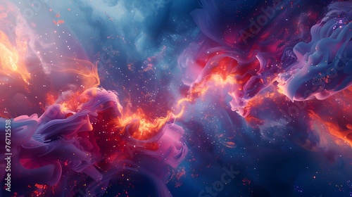 A spectacular abstract representation of a cosmic dance between fiery energies and nebulous forms in deep space.