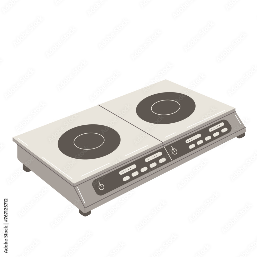 Induction hob with two burners on white background. Device for cooking. Kitchen electronic appliance Induction hob with two burners on white background. Device for cooking. Kitchen electronic appliance