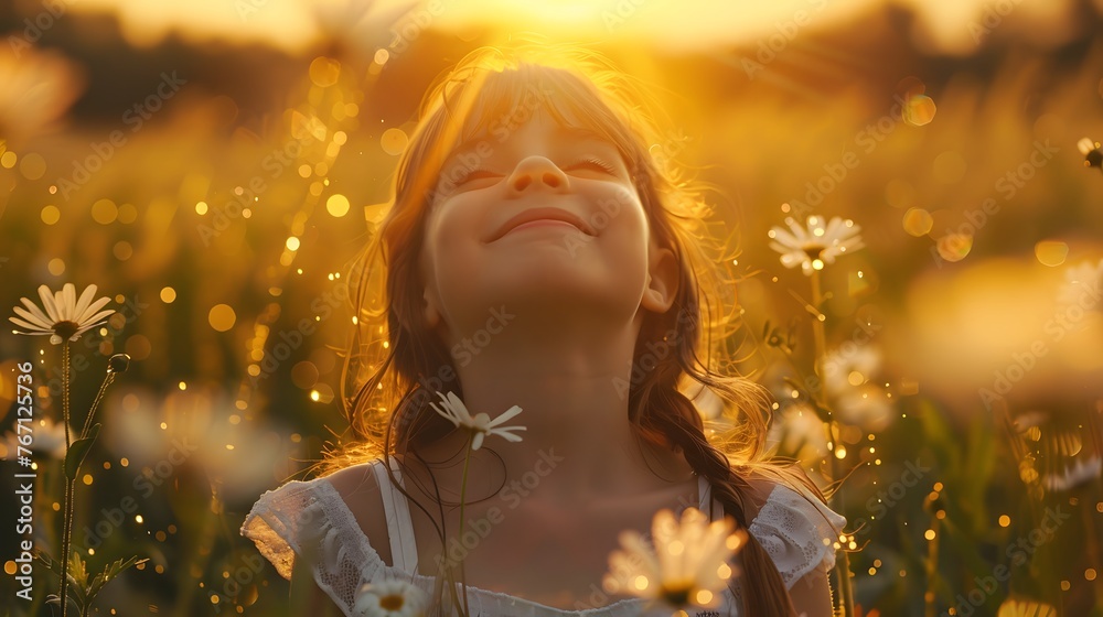 During a warm sunset, a joyful girl revels in a moment of bliss, her arms outstretched as she immerses herself among white flowers, radiating happiness and serenity. During a warm sunset, a joyful girl revels in a moment of bliss, her arms outstretched as she immerses herself among white flowers, radiating happiness and serenity.