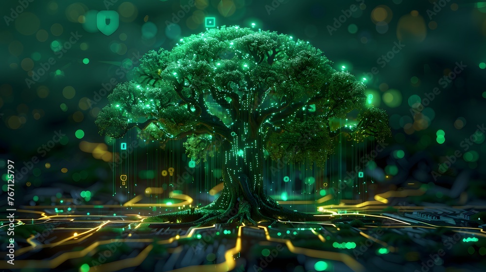 A mesmerizing portrayal showcases a tree adorned with brilliant digital lights, serving as a symbolic representation of the harmonious coexistence between nature and technology.