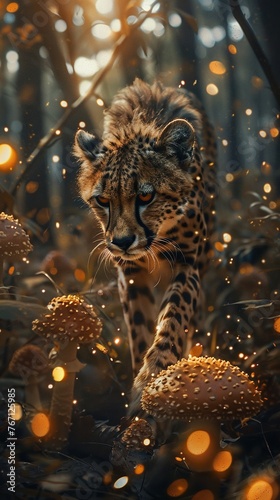 Cheetah chasing fireflies through a forest of glowing mushrooms