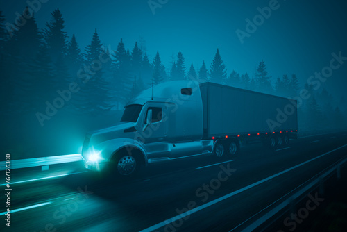 Nighttime Semi-Truck Journey Along a Fog-Enshrouded Highway Amidst Pine Trees