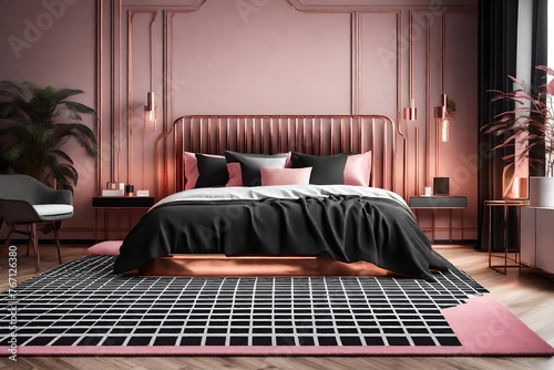 Black and white geometric carpet in bedroom with copper elements and king-size bed with pink overlay photo
