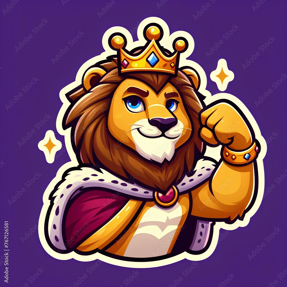 Obraz premium cartoon sticker of a brave lion character wearing a golden crown, lion sticker, animal sticker