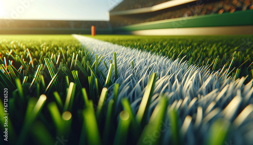 A close-up view of vibrant green grass with distinct white lines painted on it, indicative of a football field.
