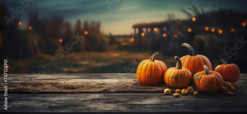 Pumpkins are on an old wooden table. Generative AI
