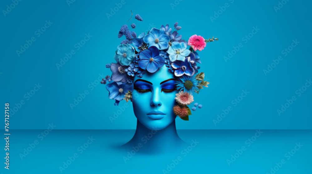 Serene Beauty with Floral Crown, Concept of Spring and Femininity