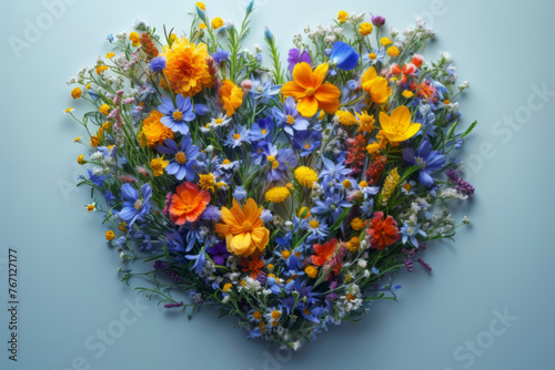 Heart of Flowers on Pastel Blue Background