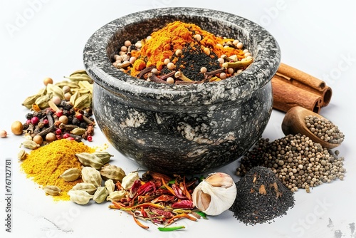 Mix of spices for homemade Tandoori masala in mortar on white background © MaxSimplify
