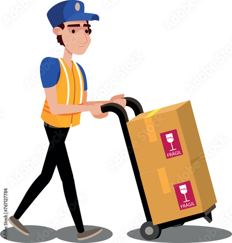 Logistic worker caring a forklift loaded with boxes - Good for motion graphics. Character parts separated in layers for animation and movements. (ID: 767127784)