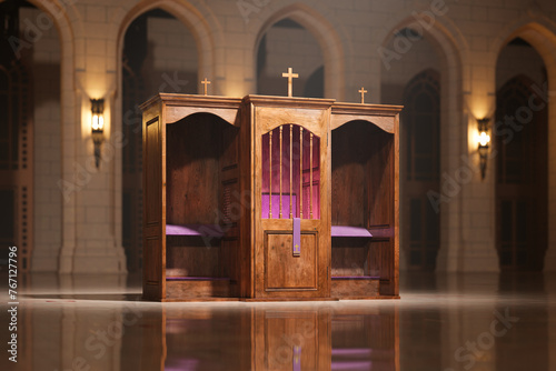 Elegant Wooden Confessional Booth with Purple Cushions Inside Tranquil Church photo