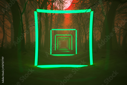 Enigmatic Neon Portals Creating an Infinite Tunnel in a Twilight Forest