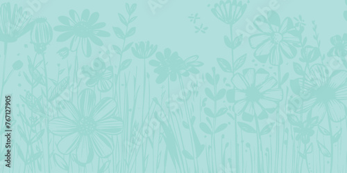 Postcard, Banner, Poster with Flowers and Grass with Space for Doodle Style Text