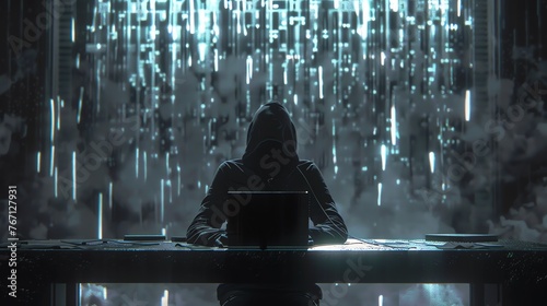 An illustration of Cyber crime. A boy wearing a hoodie hacking into data on a laptop, ash grey ambience, with a matrix style data back drop