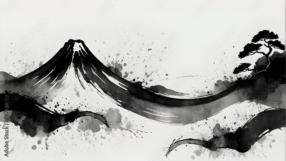 ink splashes on black Please generate a Japanese zen style abstract art ...