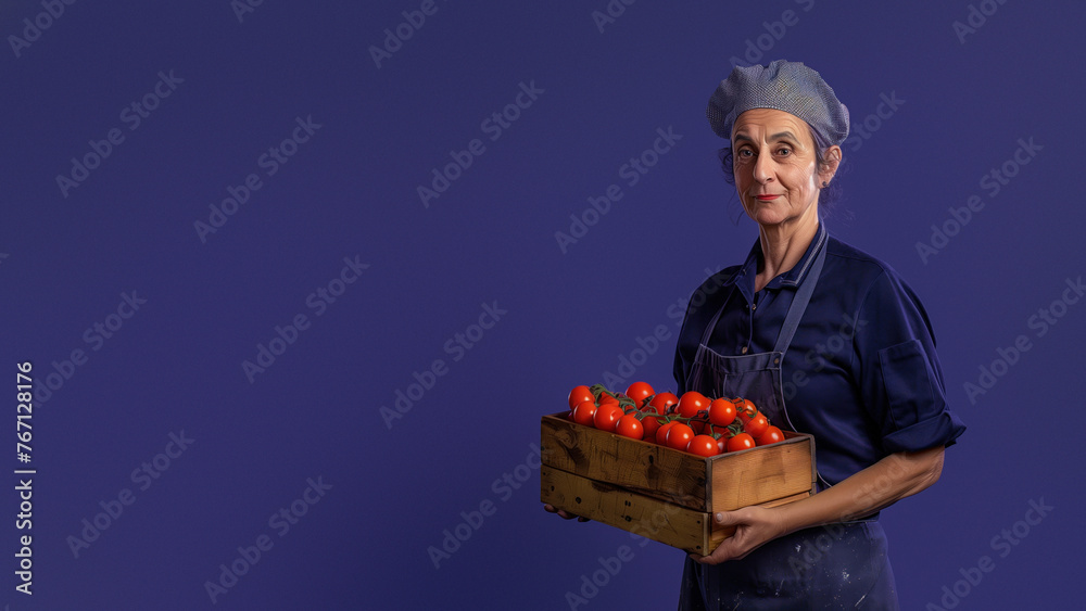 Senior chef in blue dons a professional look holding a crate of tomatoes on purple Senior chef in blue dons a professional look holding a crate of tomatoes on purple