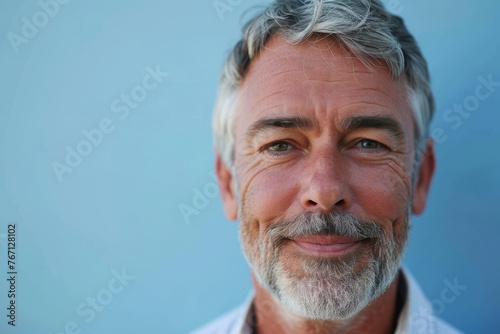 Portrait of senior man with grey hair and beard on blue background