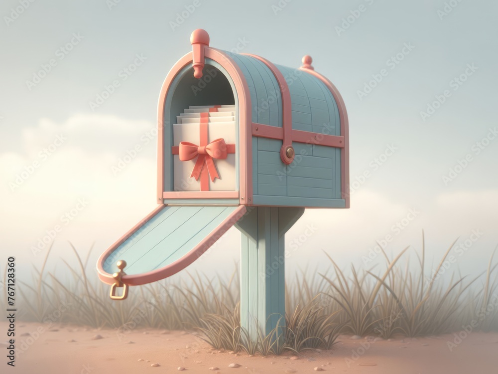 Mailbox with gift box in the sand. 3d illustration