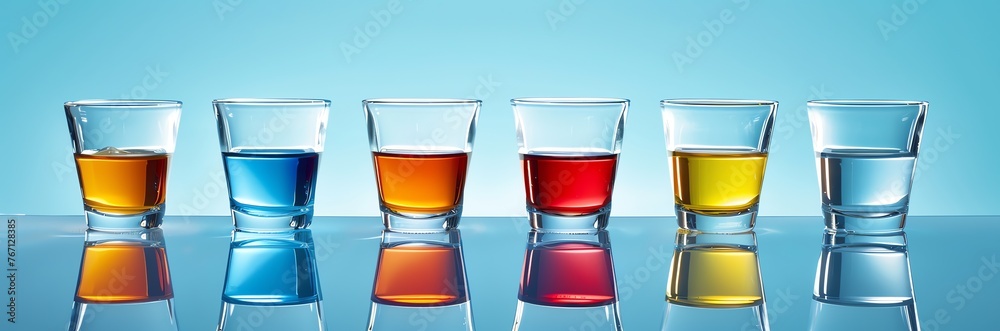 A banner of a row of 5 shot glasses containing different coloured liquor, on a blue background, party vibes A banner of a row of 5 shot glasses containing different coloured liquor, on a blue background, party vibes