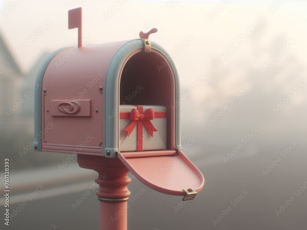Mailbox with gift box on the background of a foggy city street Mailbox with gift box on the background of a foggy city street