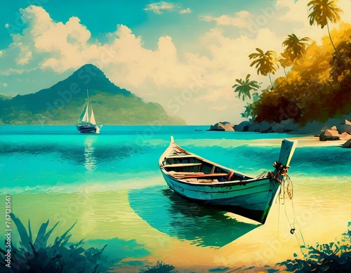 Painting style illustration of beautiful peaceful tropical ocean lagoon banner background © Priyanka