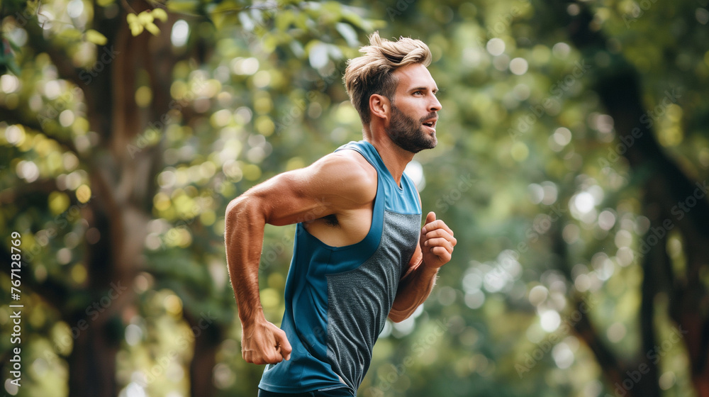 man running outside in a park forset man running outside in a park forset