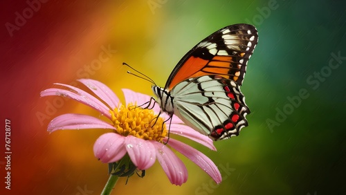 Butterfly rests on rain soaked flower against colored background