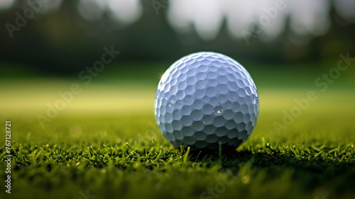 Close-up of a golf ball on a vibrant green course at sunrise
