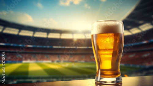 Chilled Beer Glass on Wooden Surface at Stadium