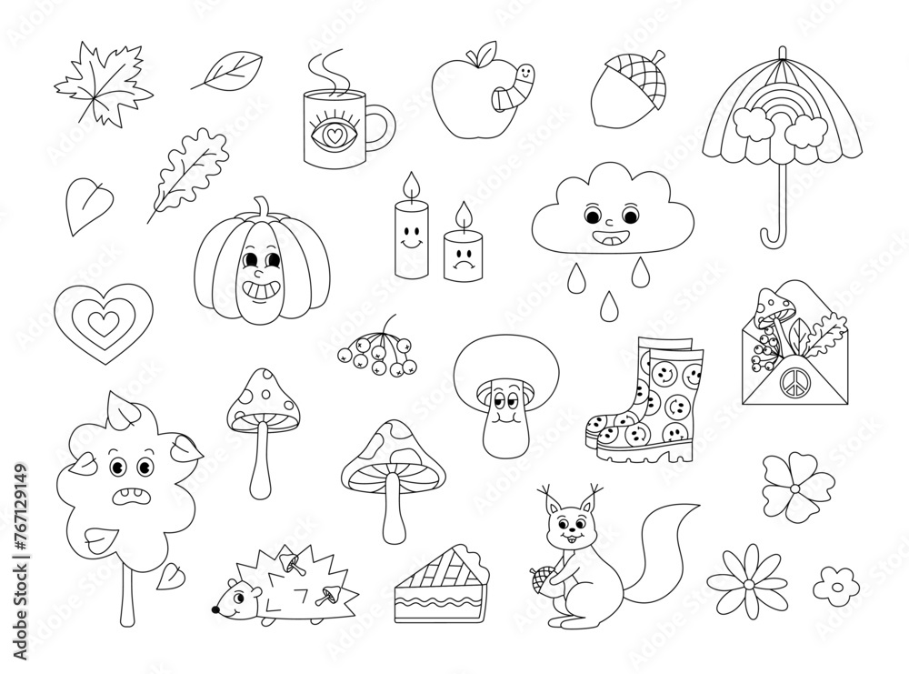 Retro 70s groovy fall autumn elements coloring page. Funky hippie outline set with cartoon pumpkin, leaves, mushrooms, tree, umbrella, rubber boots etc. Coloring book for print