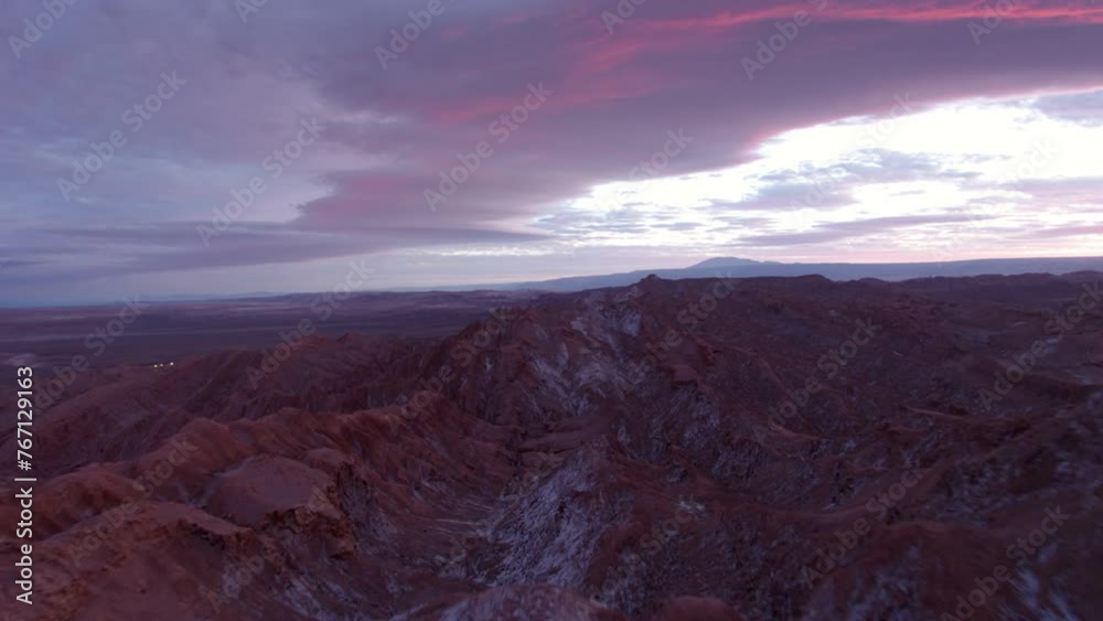 Aerial Forward Shot Of Tranquil Rock Formations In Driest Desert Area At Dusk - San Pedro de Atacama, Chile Aerial Forward Shot Of Tranquil Rock Formations In Driest Desert Area At Dusk - San Pedro de Atacama, Chile