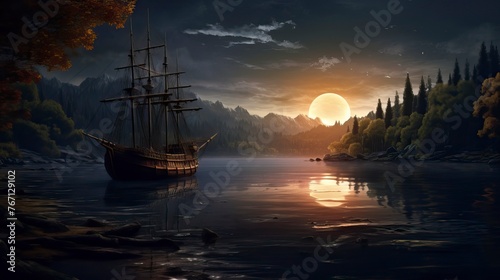 Ship on Lake in the dusk 