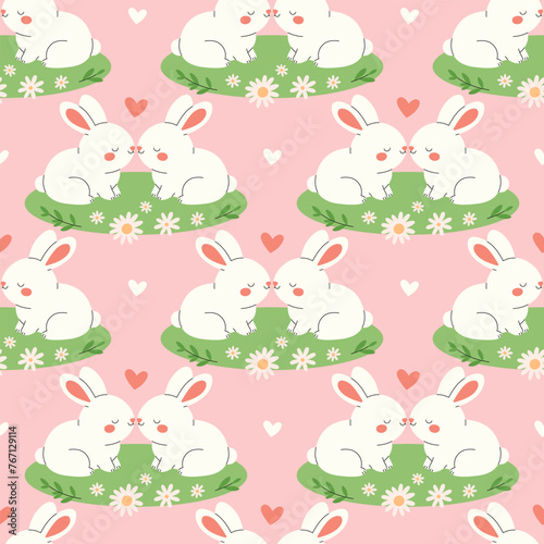 Seamless pattern with rabbitts in love sitting together. Romantic rodents couple on the grass with chamomiles and hearts. Vector flat illustration on pink background © Alina