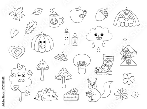 Retro 70s groovy fall autumn elements coloring page. Funky hippie outline set with cartoon pumpkin  leaves  mushrooms  tree  umbrella  rubber boots etc. Coloring book for print