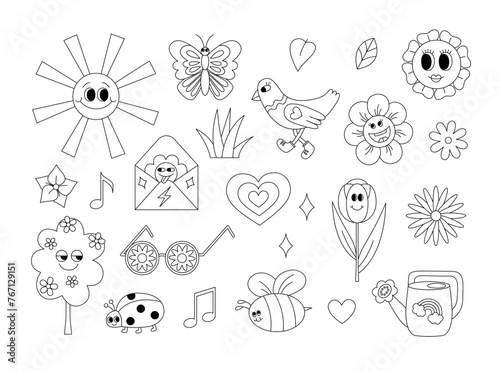 Retro 70s groovy spring and summer elements coloring page. Funky hippie outline set with cartoon flowers, leaves, tree, grass, bird, insects, heart, sun, sunglasses etc. Coloring book for print.
