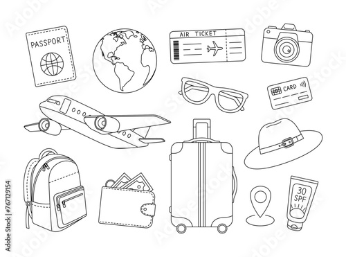 Travel set coloring page. Outline set with passport, globe, air ticket, camera, plane, sunglasses, credit card, backpack, wallet, suitcase. Adventure, tourism, vacation, trip. Coloring book for print