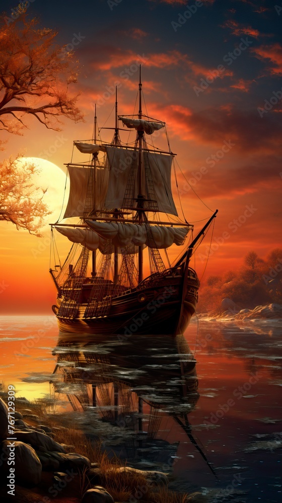 Ship on Lake in the dusk 