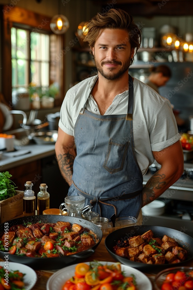 Man in blue apron cooks in your kitchen, demonstrating culinary expertise and passion for food. Man in blue apron cooks in your kitchen, demonstrating culinary expertise and passion for food.