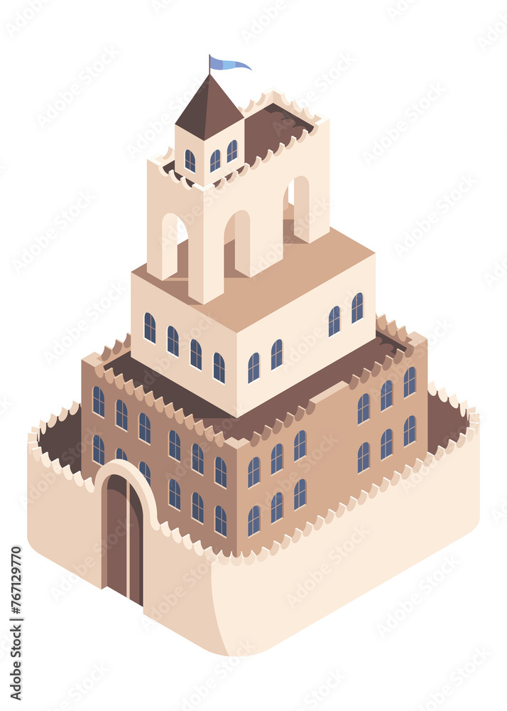 Isometric cartoon castle icon. Game design fortress concept. Medieval castle with towers and gates, illustration Isometric cartoon castle icon. Game design fortress concept. Medieval castle with towers and gates, illustration