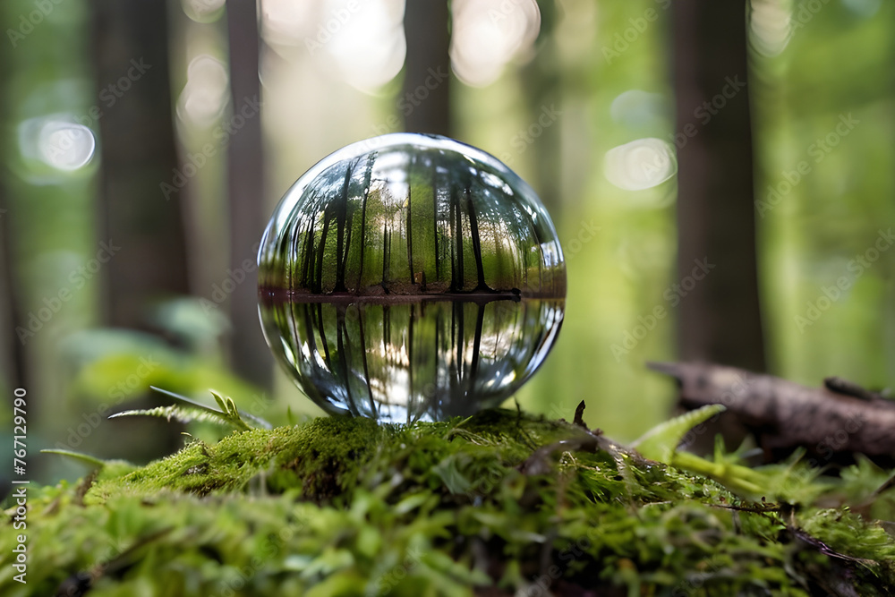Crystal Earth on the soil in the forest with ferns and sunlight. Environment, nature. Earth Day concept. Generative AI