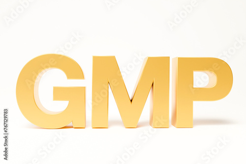 3D GMP - Good Manufacturing Practices isolated on white background. certification quality control concept. gold icon. photo