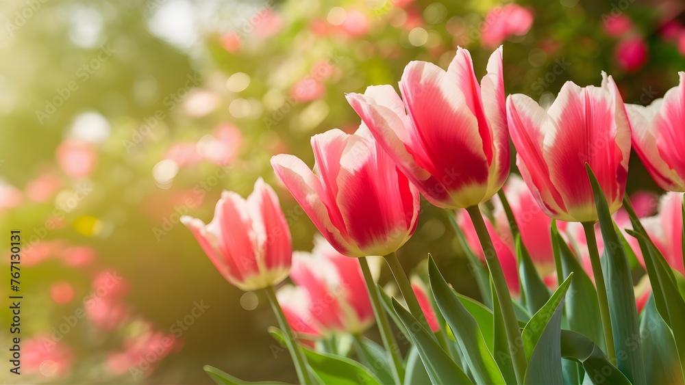 Captivating bokeh enhances bright spring tulips in floral background