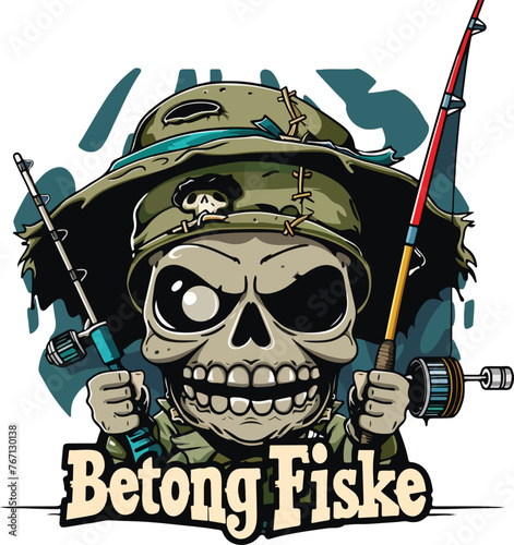 Skull wearing an army green bucket hat and holding a large fishing rod 