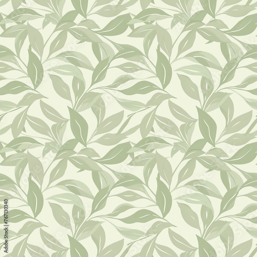 Seamless Green Leaf Pattern on Ivory Background