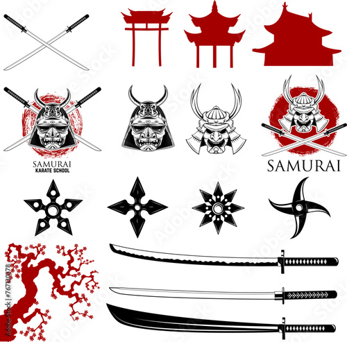 Set of karate school labels, emblems and design elements. Katana sword fight school.  Vector illustration.