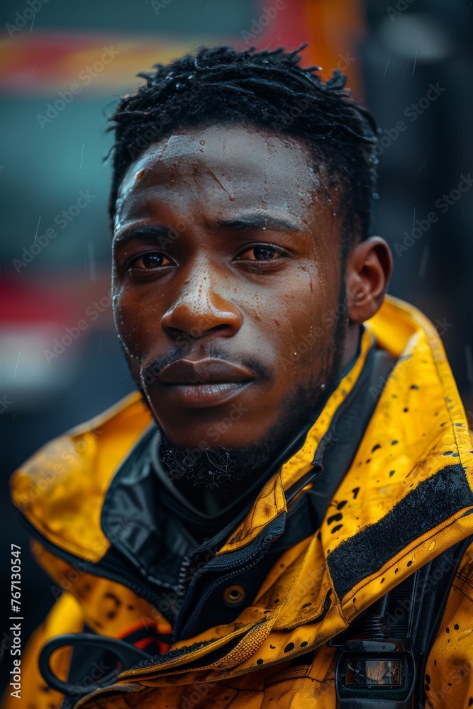 Portrait of a young African American rescuer, emergency service, fireman